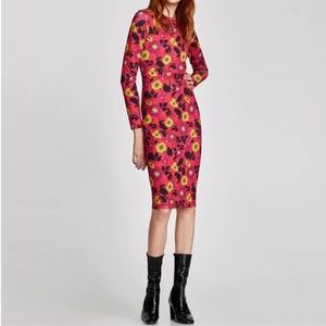 Zara Red  Multicolor Floral Midi Jersey Dress Black Ruffle Trim  Accent Size M